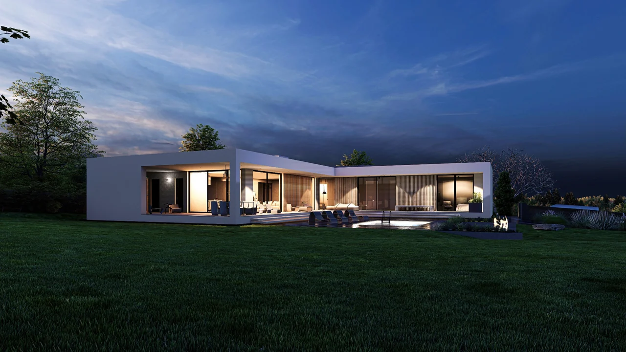 Ilustración de una vivienda unifamiliar al anochecer